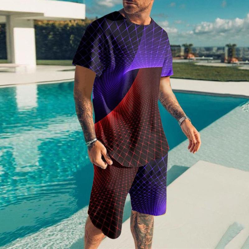 

Men's Tracksuits Man Suit Jacket Men Fashion Round Neck Printed Pullover Short Sleeve T Shirt And Mid Waisted Casual Sports Agility SuitMen', Blue