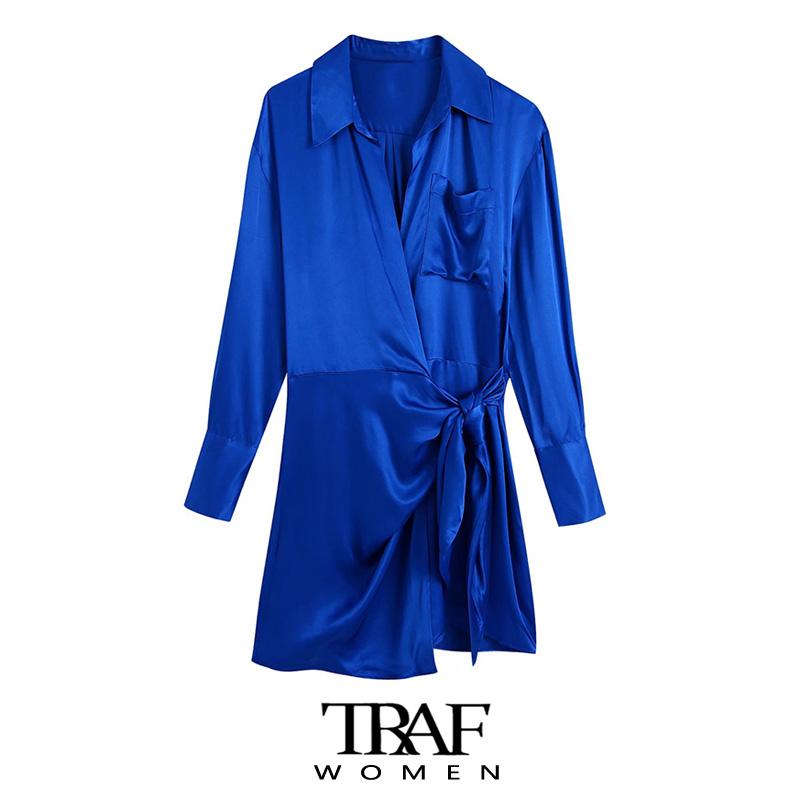 

Casual Dresses Women Fashion With Tied Soft Touch Wrap Mini Dress Vintage Long Sleeve Patch Pocket Female Vestidos Mujer, As picture