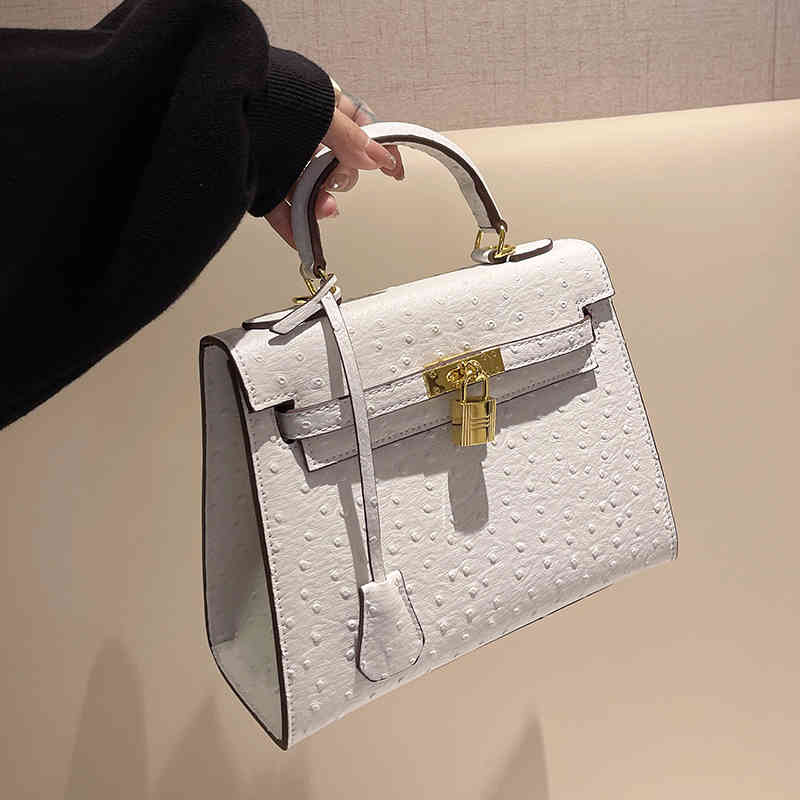 

Original edition Designer Classic hremm Bags 2023 early spring new womens bag niche design high sense ostrich pattern kelyss platinum Single Shoulder Me, White6