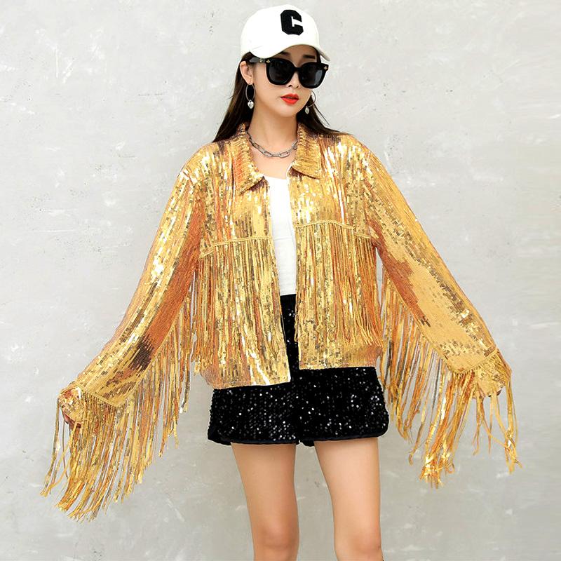 

Women's Jackets Women Silver Tassel Sequin Jacket Hip Hop Jazz Dance Fringe Reflective Short Coat Performance Autumn Streewear Outwear TopsW