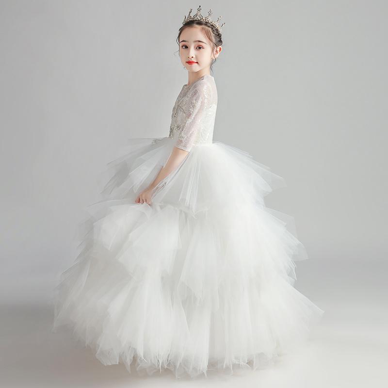 

Girl's Dresses Long Princess For Girls Luxury Tiered Tulle Puffy Children Formal Gowns White Flower Girl WeddingGirl's
