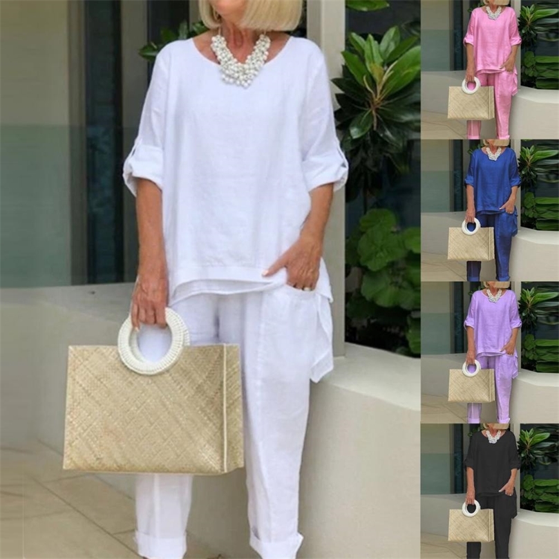 

Twopiece 1 Set Simple Round Neck Blouse Elastic Waist Pants Autumn Tshirt Trouser Set Round Neck for Daily Wear 220610, A4 white