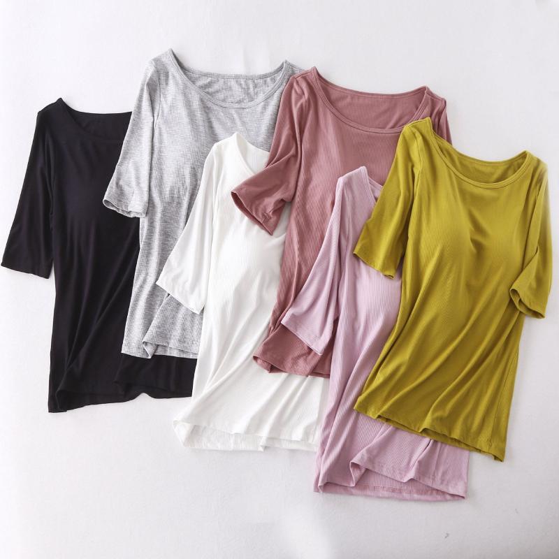 

Women's Sleepwear Ribbed Chest Pads Sleep Top Night T-Shirt Solid Color Modal Home Clothing Round Neck Short Sleeve NightwearWomen's, Black