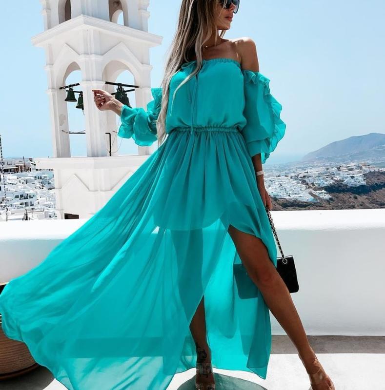 

Yiiciovy Sexy Women Beach Chiffon Dress Bikini Cover Ups Long Sleeve Ruffles Off Shoulder High Waist Split Sundress 220524