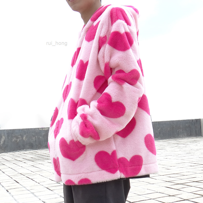 

Korean Cute New Fashion Red Heart Print Autumn Winter Coats Men Top Harajuku Jacket Pink Kawaii Soft Hairy Hooded Outerwear 2021