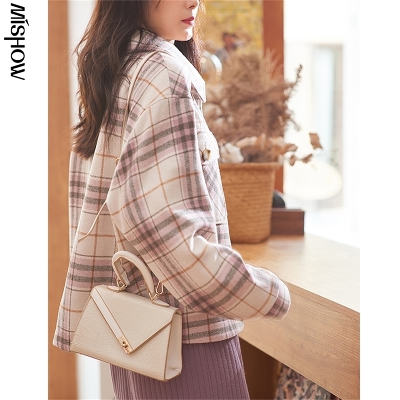 

MISHOW Autumn Winter Women Wool Coat Female Blends Causal Loose Outwear Female Short Plaid Jacket MX20D9618 201222, Pink