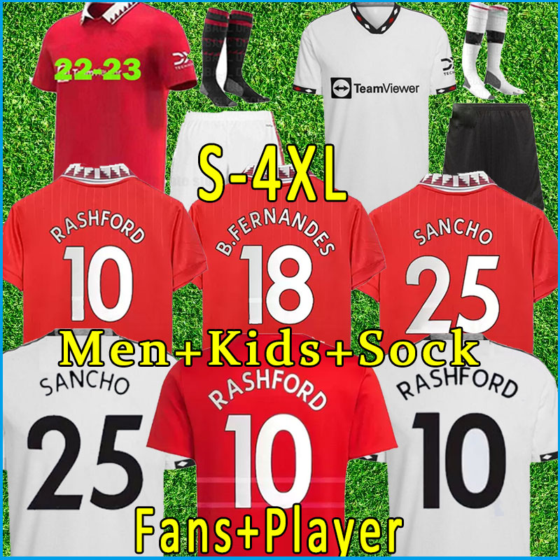 

S-4XL Man 21 22 23 SANCHO soccer jersey Fans Player version united LINGARD POGBA FERNANDES RASHFORD man uTd football shirt 2022 2023 men kids kit sets AWAY THIRD, 22-23 away+patch