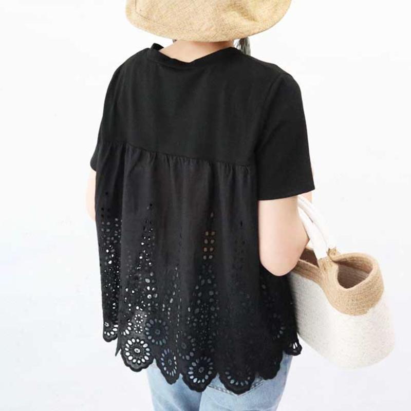 

Women's T-Shirt Summer Cute White Black Sexy Back Hollow Out Chic Lady Short Sleeve Round Neck Shirts Women Kawaii Tops Tees PatchworkWomen'