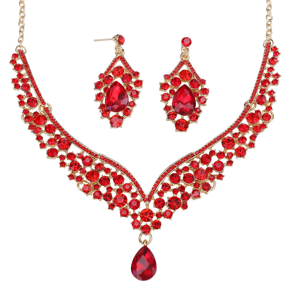 

Exquisite Colored Crystal Glass Drop Necklace Earrings Wedding Accessories Two Piece Bridal Jewelry Set