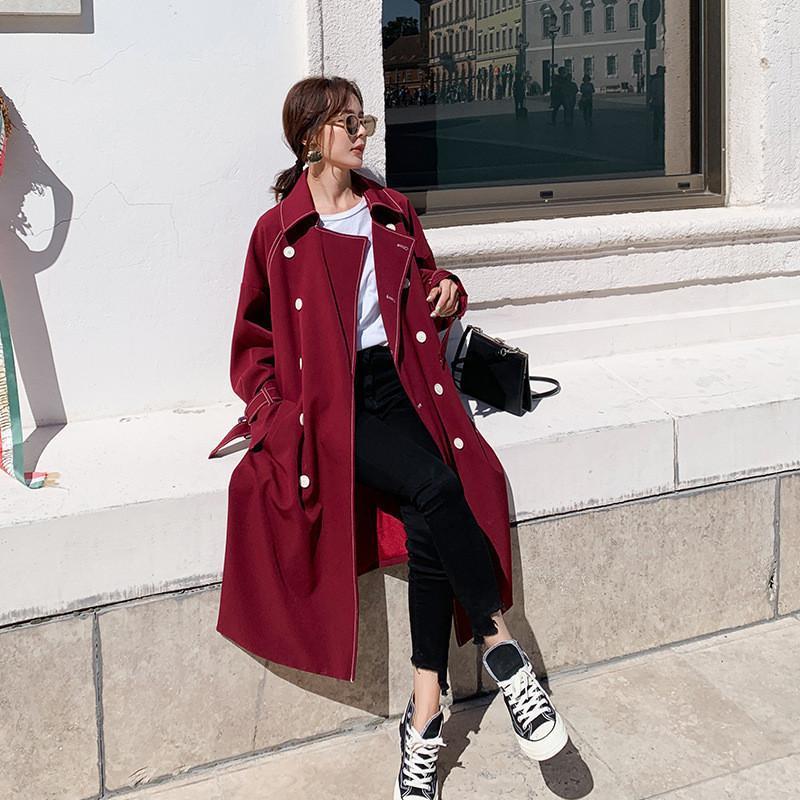

Women' Trench Coats Oversize Coat For Women 2022 Spring Korean Chic Double Breasted Woman Streetwear Long Windbreaker With Belt W2137, Wine red