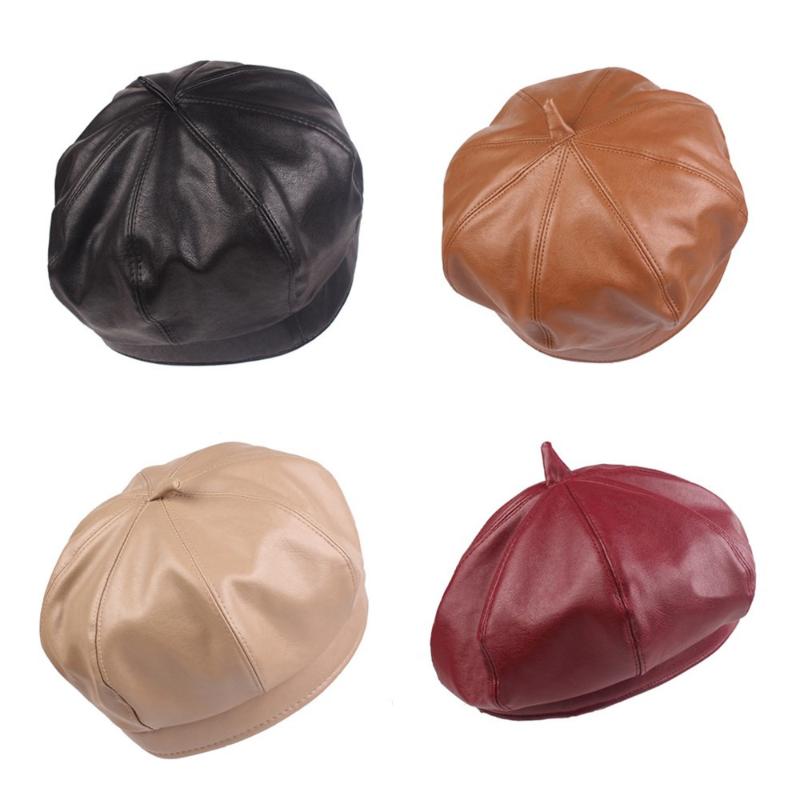 

Berets Women Stylish Faux Leather Octagonal Sboy Cap Gatsby Peaked Cabbie Golf HatBerets, Black