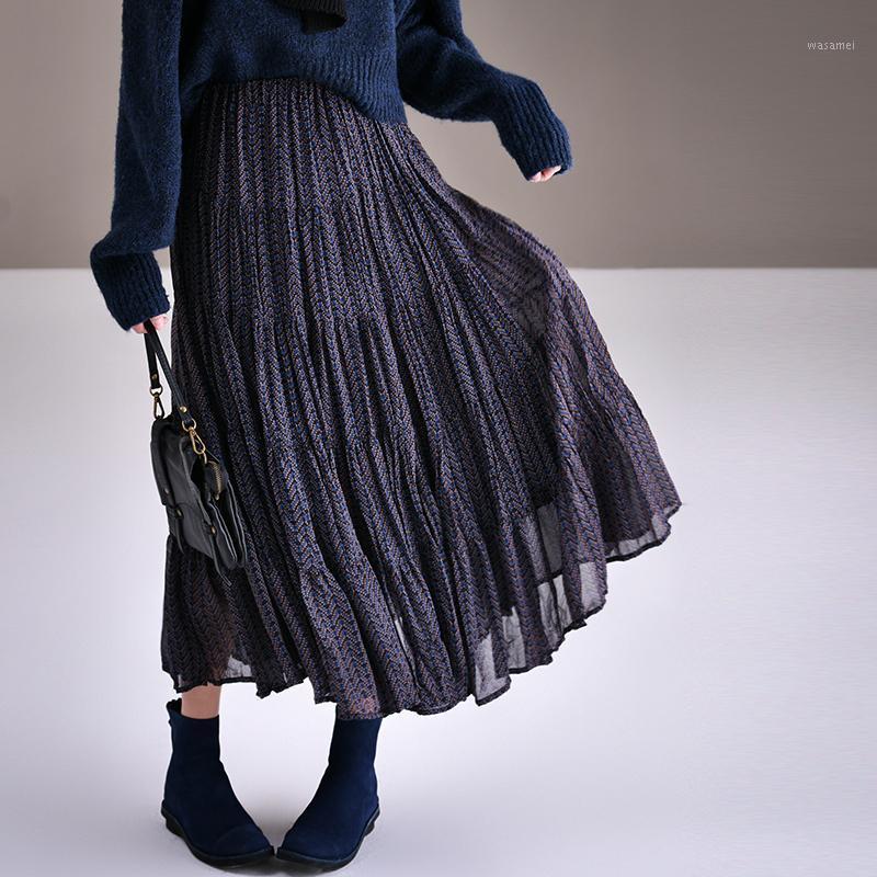 

Korean Version Of Foreign Gas Broken Flower Chiffon Pleated Skirt Temperament Elastic Waist Qiu Dong Female Skirts, Blue