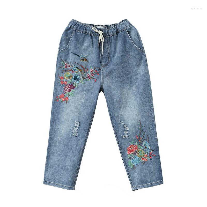 

Women's Jeans Women Vintage Floral Embroidered Ripped Hole Denim Harem Pants Casual Ladies Lace Up Elastic Waist Capris, Light blue