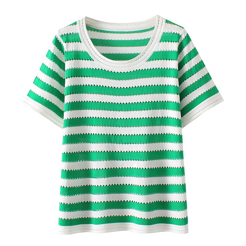 

Women's Plus Size T-Shirt For Women Clothes Fashion Ice Silk Knitted Hollow Out Tops Casual O-NECK Stripe Slim Tee Summer 2022Women's, Green stripe