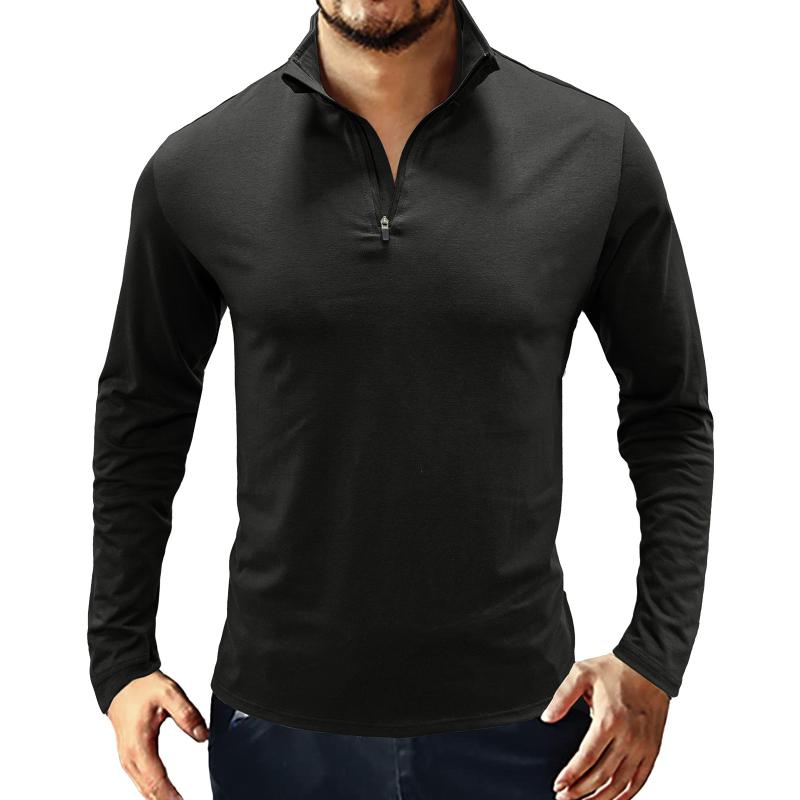 

Men' T-Shirts Long Sleeve Shirt Black Men Male Summer Casual Solid Zipper Collar T Blouse Stand Tops ShirtMen