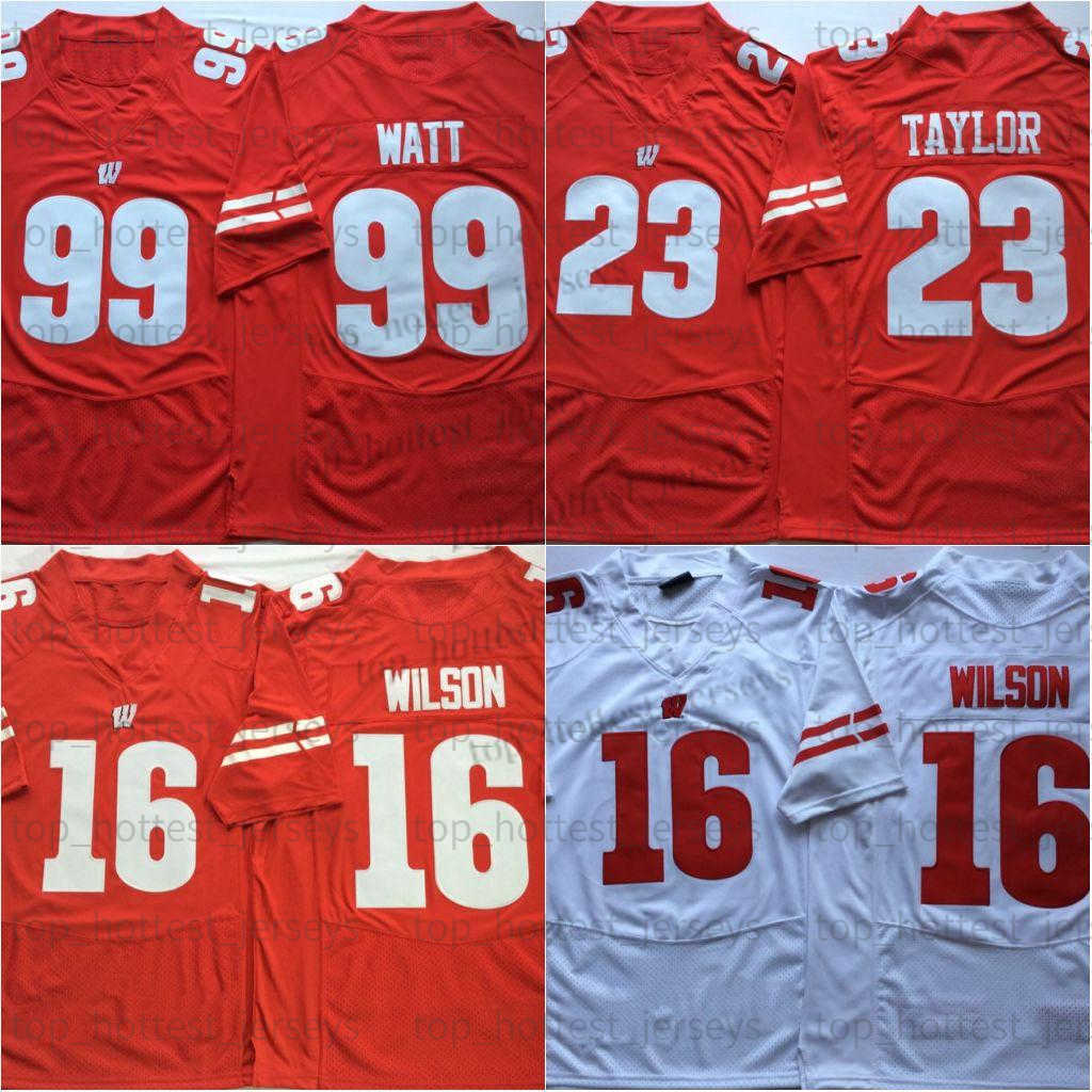 

99 JJ Watt NCAA College Wisconsin Badgers Football Jersey 23 Jonathan Taylor 16 Russell Wilson Stitched embroidered University Red White, 99 watt white