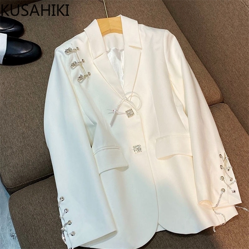 

KUSAHIKI Lace Up Long Sleeve Blazer Coat Women Korean Notched Collar Suit Jacket Causal Spring Fashion Blazers Feminimos 220402, White