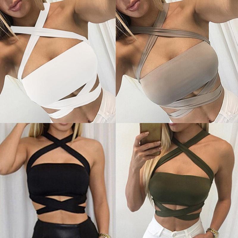 

Bustiers & Corsets Summer Sexy Female Crop Top Cross Neck Straps Women Tank Solid Fitness Lady Camis Casual White Black KhakiBustiers
