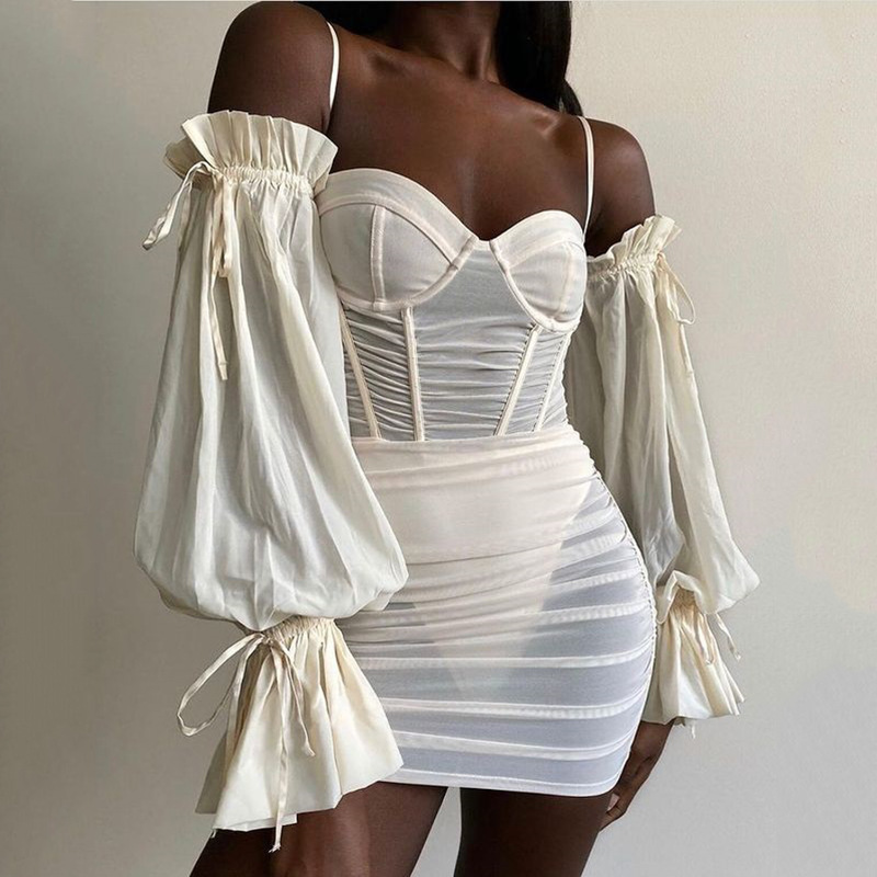 2022 Summer Women&#039;s Polyester Dress Sexy Volume Up Puff Sleeve Boob Tube Top Backless See-Through Hip Wrap Dresses-image-762287945