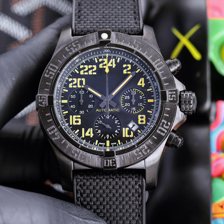 

Bretiling mens quartz watches black color calendar 43mm dial Japanese movement 316L fine steel case man watch Mineral scratch resistant mirror