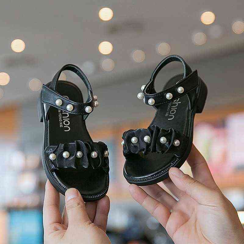 

Girls Sandals 2022 Summer Children's Fashion New Simple Pearl Open-toe Casual Non-slip All-match Princess Shoes Flat Breathable G220418, Black