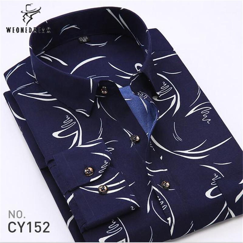 

Work Shirts Brand Long Striped Printing Sleeve Side Collar Casual Men Wear Slim White Blue -4XL Plus Size