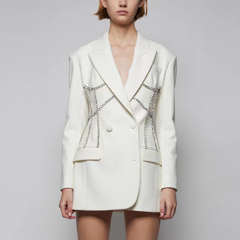 A12-Costumes pour femmes Blazers dames de luxe perlé longue robe Blazer de qualité supérieure femmes col cranté à volants perles vêtements d'exté