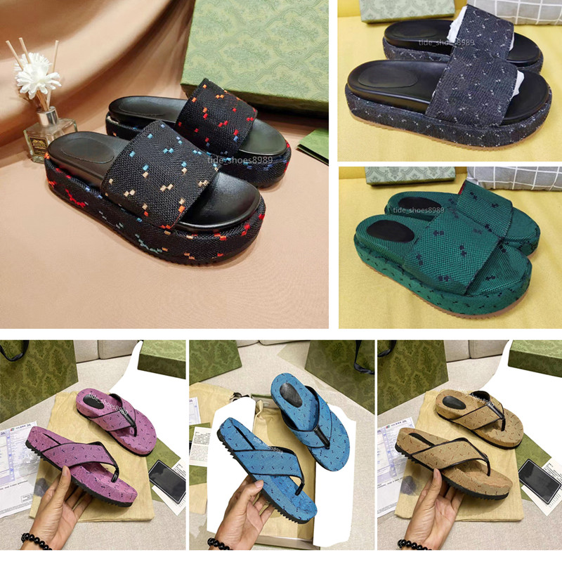 

Designers womens platform sandals fashion slipper embroidered canvas designer slides slip on slippers girls 60mm Canvas covered with box and dust bags big size 35-45