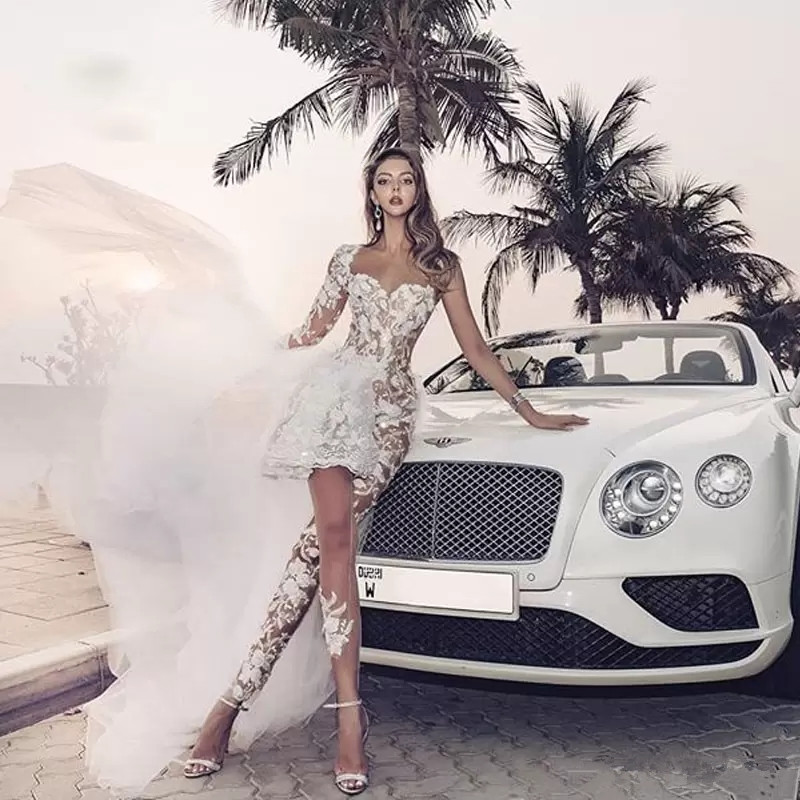 

New Jumpsuits Wedding Gown Sheath Dresses With Overskirt One Shoulder Long Sleeve Lace Ankle Length Beach Bridal Gowns robe de mariee, White