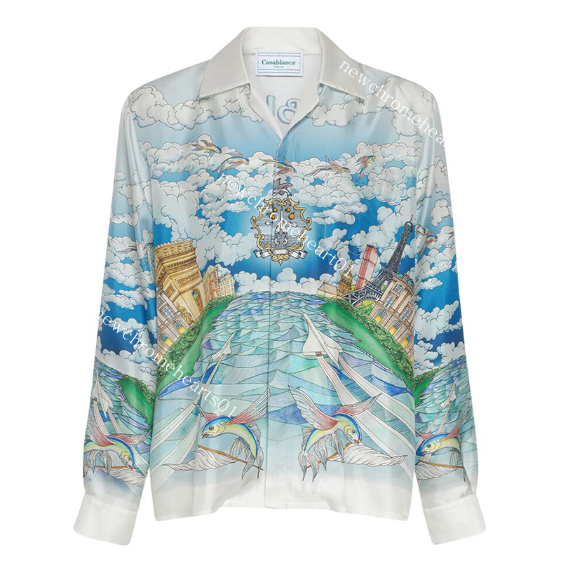Casablanca 22ss Button Up Shirts Mosque Blue Sky White Clouds Flying Fish Aircraft Print Casual Men's and Women's Long Sleeved Shirt Ca