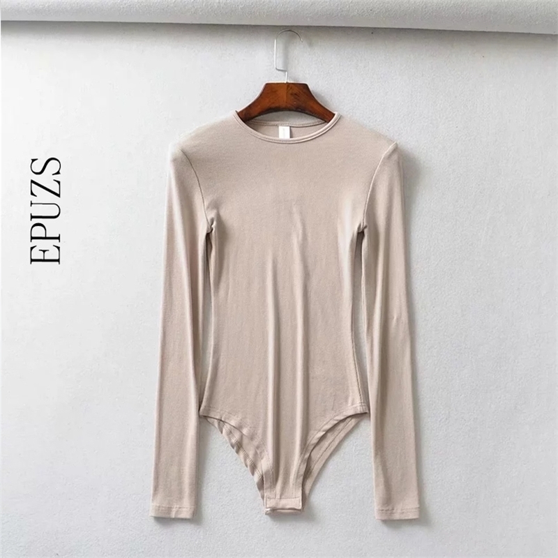 

Autumn long sleeve bodysuit women jumpsuit rompers autumn black elastic beach Sexy bodycon lady overalls 210521, Beige