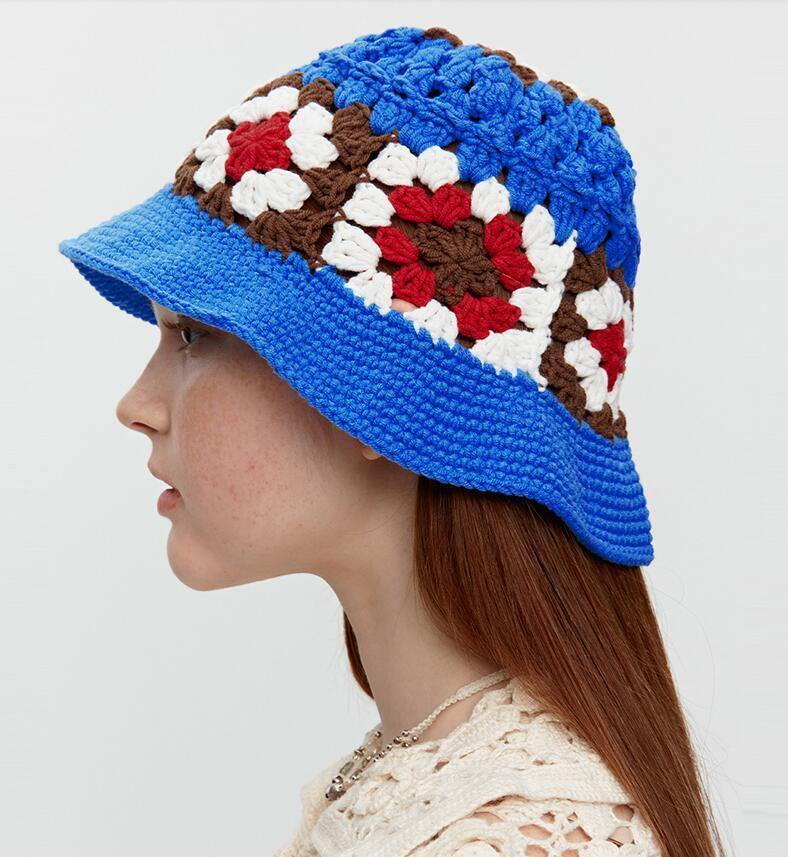 

Berets Ins Japanese Summer Hollow Knitted Flower Wool Hat Crochet Bucket Korean Version Niche Design Thin Breathable Basin HatBerets, X5