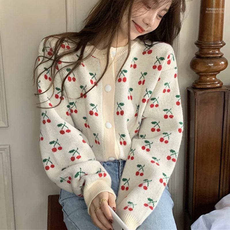 

Women's Knits & Tees Autumn Winter Loose Long Sleeve Sweater Cardigan Women Fashion Cherry Pattern Single Breasted Cardigans YOU888 Time22, Navy