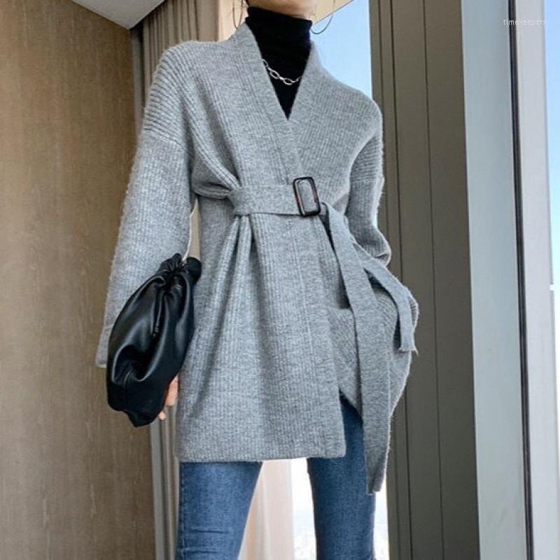 

Women's Knits & Tees Women Long Knitted Cardigan With Belt Winter Female Clothing Sweater Coat Loose Chic Outwear Steetwear JacketWomen's Ti, Black