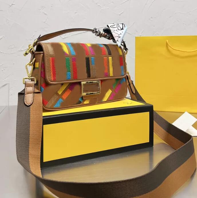 

Multicolor Baguette Bag Canvas Handbag Women Crossbody Bags Embroidery letter Magnetic Hasp Cross Body Purse Gold Hardware Detchable Handle Shoulder Strap No box, Multi-color