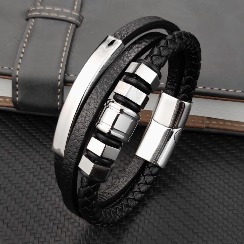 

Charm Bracelets Fashion Stainless Steel Silver Hexagon Men's Luxury Leather Bracelet Classic For Handsome Boys Birthday Gift PulseiraCha