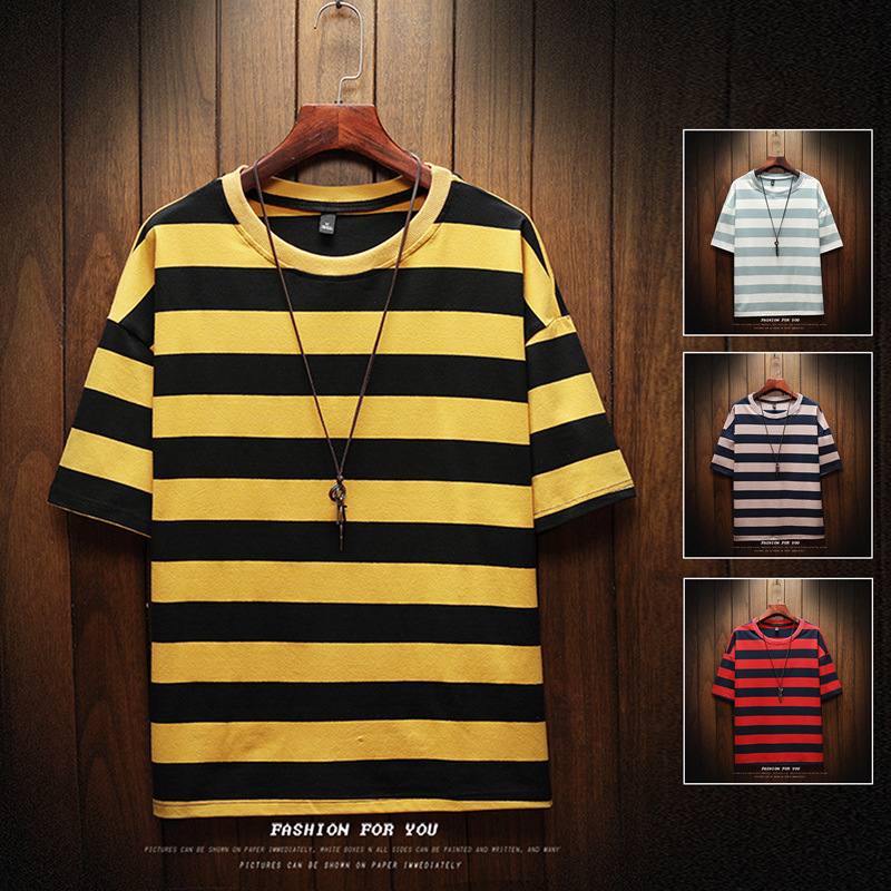 

Fashion Stripe T Shirt Men 2022 Casual Plus Size T-Shirt Short Sleeve Summer Hip Hop Streetwear Tops Tees Male Cotton TShirt, White