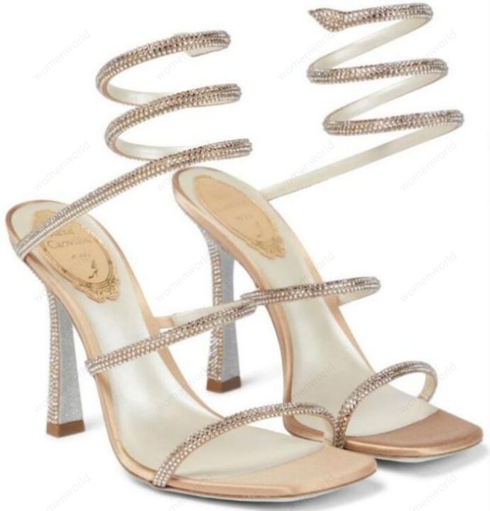 

RENE CAOVILLA 10cm stiletto High heel Sandals CRYSTAL Karung Rose Gold Snakelike twining rhinestone sandals women summer Top quality thick heels shoes largest 43, Only a boxes