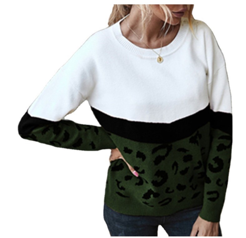 

2022 Fashion Leopard Women Sweater Autumn Winter Ladies O-Neck Full Sleeve Casual Jumper Knitted Female Oversize Pullovers, Khaki