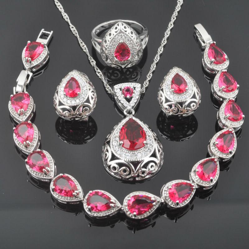 

Earrings & Necklace Unique Red Zirconia For Women Silver Color Jewelry Sets Crystal Bracelet Pendant Ring QS0214Earrings, As pic