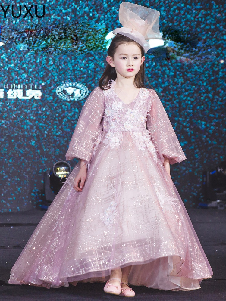 2022 belles robes de filles roses de fleur rose ivoire bébé bébé enfant baptême baptêmes vêtements manches longues dentelle tutu robe de guiche d