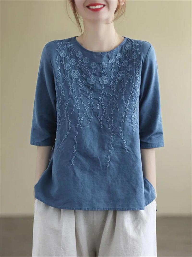 

Women's Blouses & Shirts Women Spring Summer Lady Fashion Casual Short Sleeve O-Neck Collar Embroidery Flower Blusas Tops2174Women's, Blue
