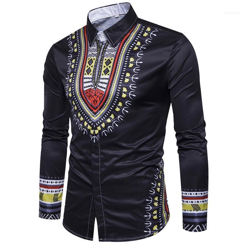 

Men's Casual Shirts Spring, Autumn Summer African Print Pullover Long Sleeved Cotton Blend Top Blouse1, Black
