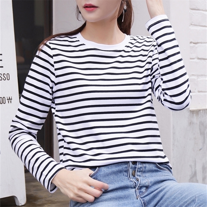 

Women's Spring Long Sleeve T Shirt O-Neck Striped 95% Cotton Tops Casual T-Shirt Tees Blusa 220401, White