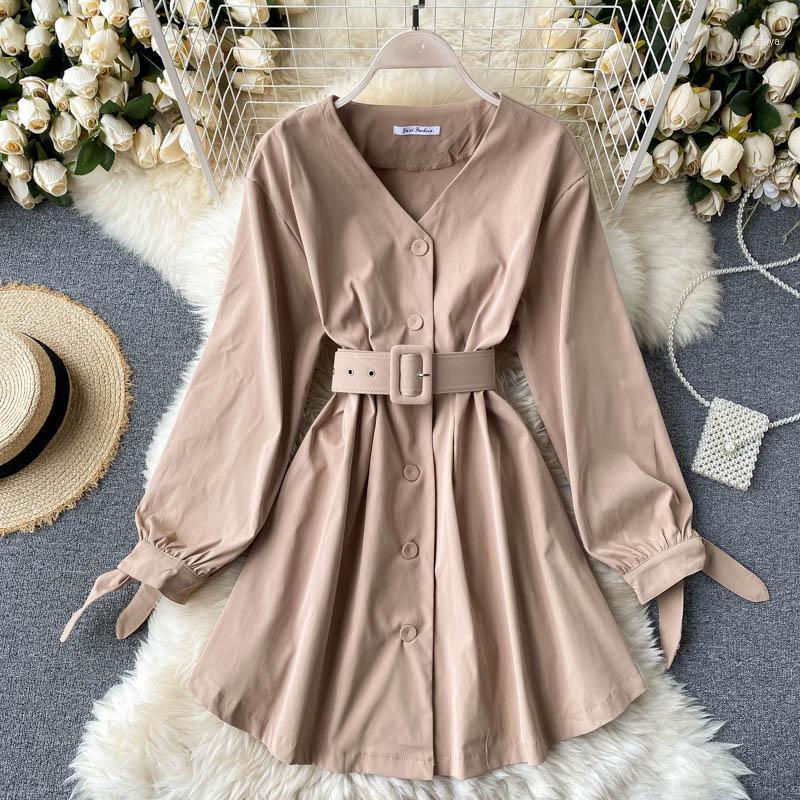 

Autumn Fashion High Waist Dress Women Retro V-neck Long Sleeve A- Line Solid Color Casual Vestidos H1003 Dresses