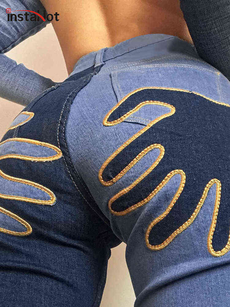 

InstaHot Women Flare Jeans Embroidery Trousers Y2K Casual Streetwear Denim Fashion Vintage Female 2021 Sexy Patchwork Pantnes T220728, Deep blue