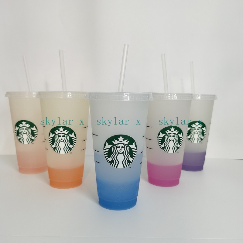 

24OZ Color Change Tumblers Plastic transparent Drinking Juice Cup With Lip And Straw Magic Coffee Mug Costom Starbucks Color Changing Plastic Cups, 5pcs=5cups(1box)