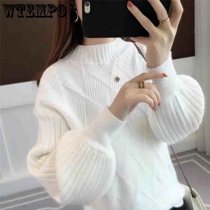 

Turtleneck Sweater Women Autumn and Winter Korean Loose Round Neck Lazy Style Knit Sweater Solid Color Lantern Sleeves, Red
