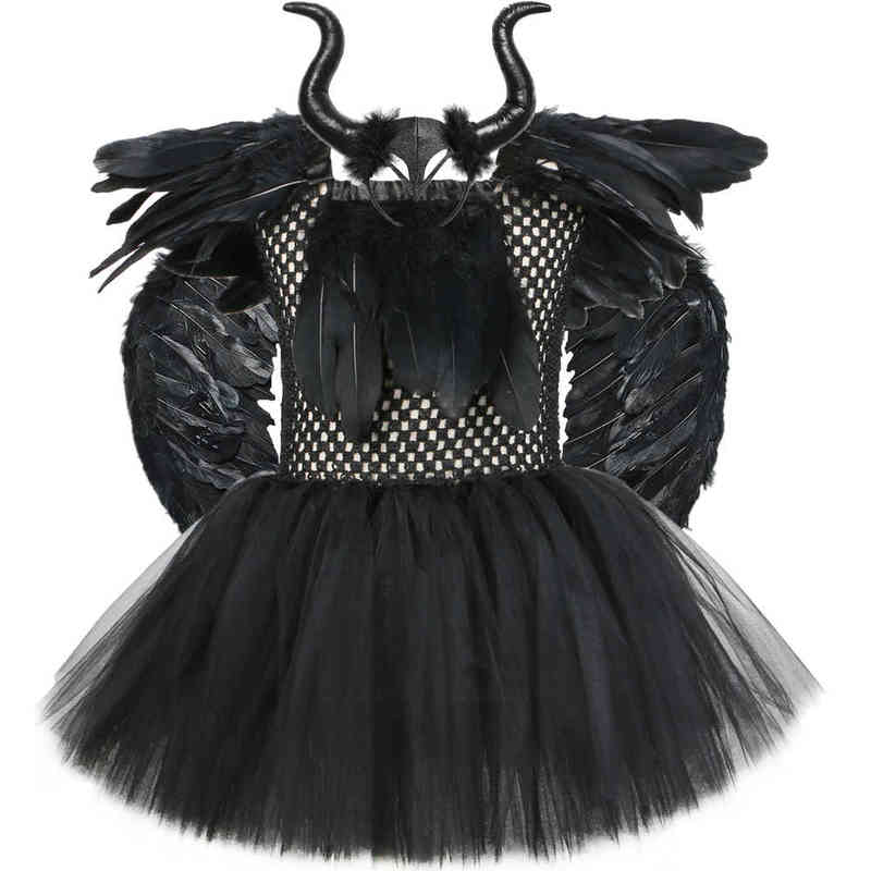 

Black Tutu Dress Girls Halloween Come for Kids Dark Queen Witch Cosplay Clothes Children Fancy Tulle Dress with Horns Wings L220715, Only 1pcs dress