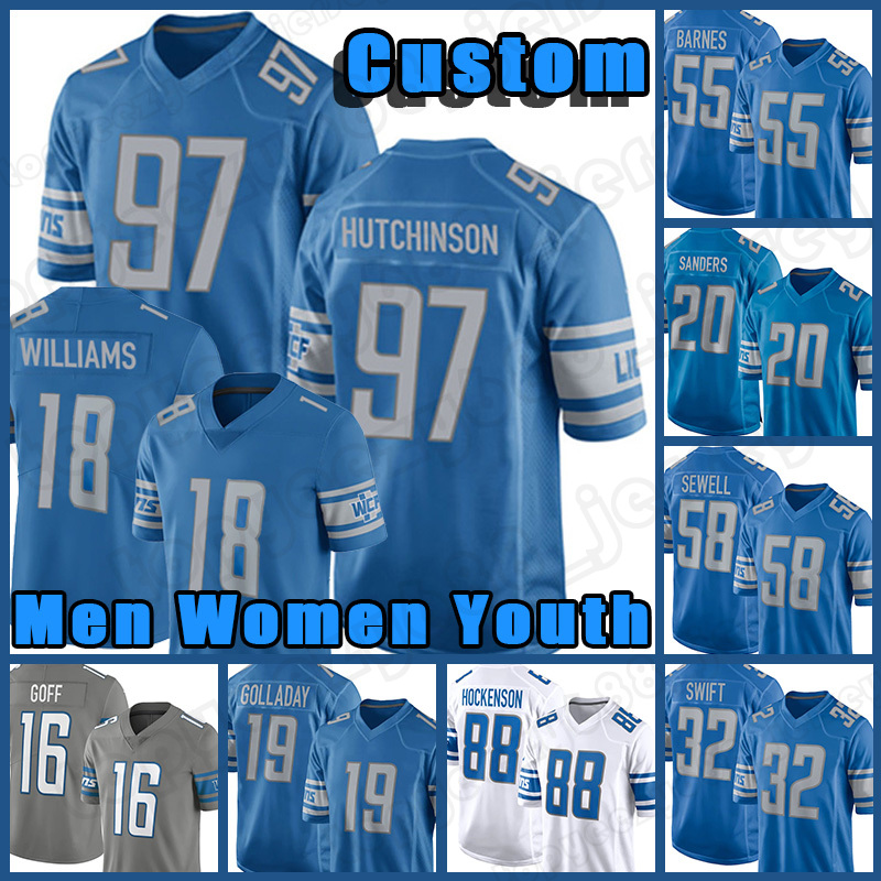 

97 Aidan Hutchinson Custom 18 Jameson Williams Football Jerseys 16 Jared Goff D'Andre Swift T.J. Hockenson Barry Sanders Billy Sims Lions''Mike Ford Penei Sewell, Custom men (x s)
